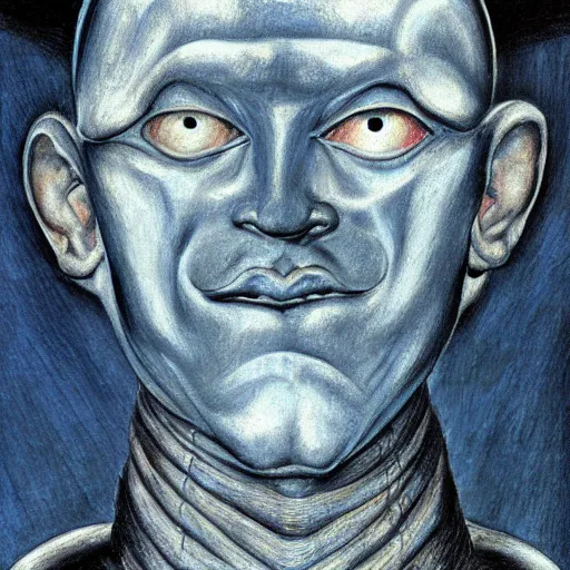 Prompt: Close-up of the cenobite man, pencil drawing. El Greco, Remedios Varo, Salvador Dali, Carl Gustav Carus, John Atkinson Grimshaw. Blue tint. Symetrical, logo, geometric shapes.