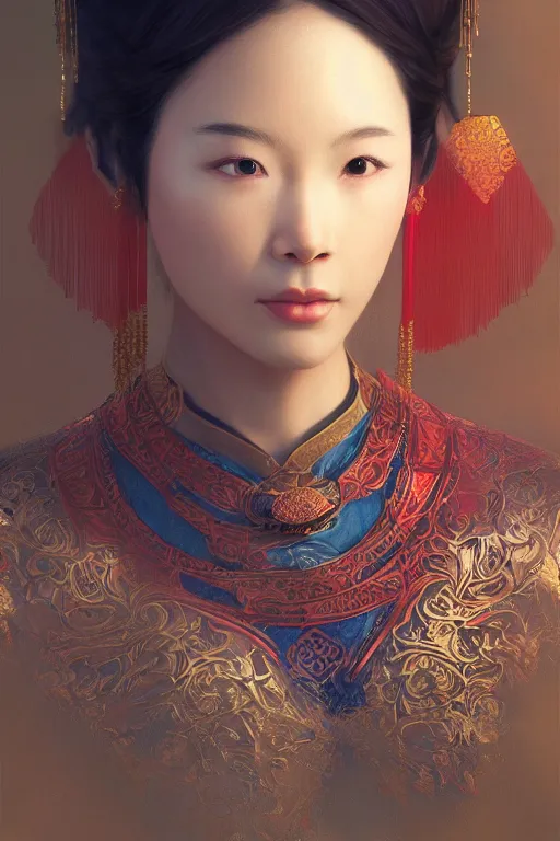 Image similar to chinese princess, gorgeous, portrait, intricate, elegant, volumetric lighting, scenery, digital painting, highly detailed, artstation, sharp focus, illustration, concept art, ruan jia, steve mccurry