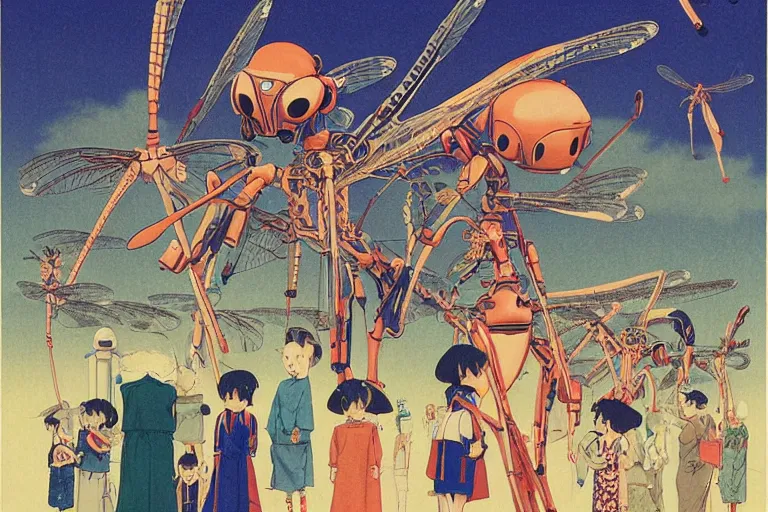 Image similar to gigantic dragonflies with human faces catch tiny robots, a lot of exotic mechas robots around, human heads everywhere, risograph by kawase hasui, dirtyrobot, edward hopper, satoshi kon and moebius, colorful flat surreal design, super - detailed, a lot of tiny details, fullshot