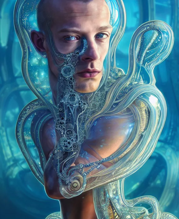 Image similar to intricate ornate opulent transparent clear see - through portrait of a cybernetic beautiful male alien sea slug, mottled coloring, adorable, childlike, apocalyptic environment, ultra realistic, concept art, art nouveau, photorealistic, octane render, 8 k, unreal engine. art by christopher marley and artgerm and greg rutkowski and alphonse mucha