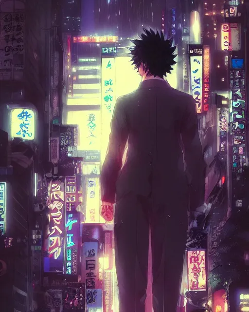 Image similar to portrait of a dream guide in night tokyo by makoto sinkai, my hero academia,cyberpunk, greg rutkowski, perfect face, fine details