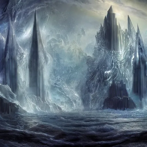 Prompt: fantasy rendering of atlantis rising, art deco city, torrent, maelstrom, dante, chiseled formations, atmospheric, ambient, frost, matte painting