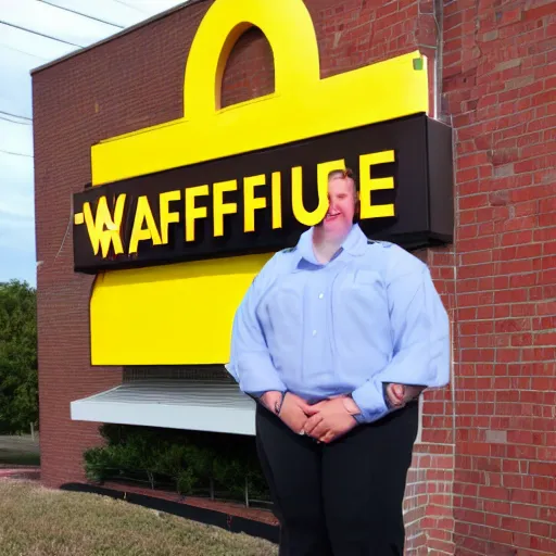 Image similar to wafflehouse employee's standing below wafflehouse sign