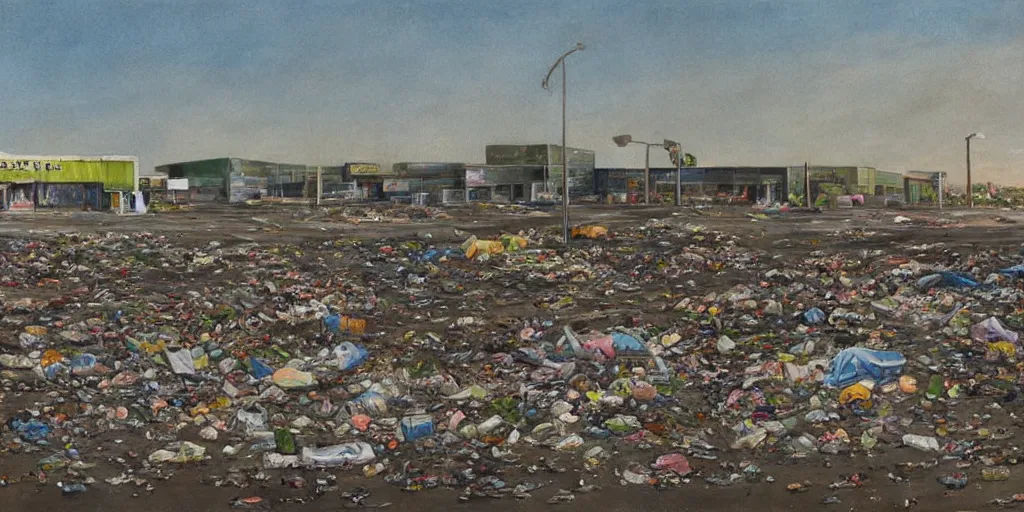 Prompt: Landscape of abandoned strip malls and desolate shopping malls, mounds of garbage in the distance, detailed oil painting, hyperrealistic, hazy mid day