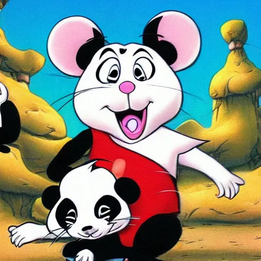 Image similar to jerry mouse is riding a panda, cartoon tom and jerry series