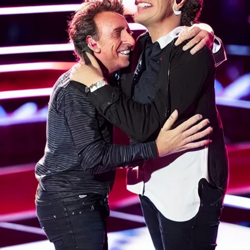 Prompt: marco borsato hugging young star on stage at the voice