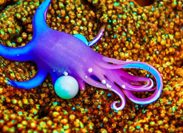 Image similar to underwater photo still of a squid with a glazed donut with rainbow sprinkles on its head, 4 k, 8 5 mm, f 1 6