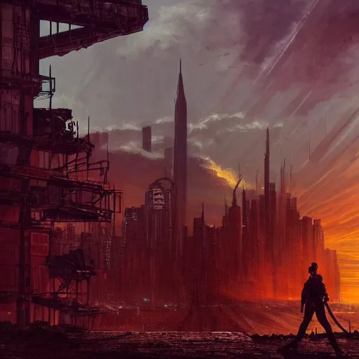 Image similar to wanderer with night vision goggles, dramatic light, sunset, sunrays, flying cars, cyberpunk city in the background, ruins, buildings, dystoptian, gorgeous view, depth, painted by Caspar David Friedrich, gateway, clouds, tending on artstation