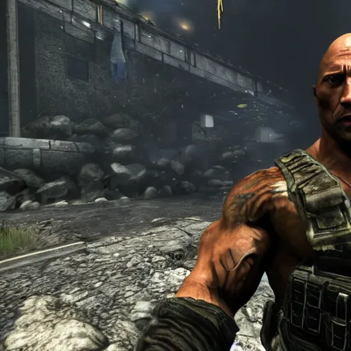 Image similar to dwayne the rock johnson, dwayne the rock johnson in the call of duty zombies map tranzit, black ops 2 tranzit, screenshot