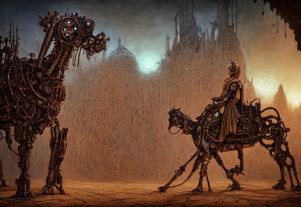 Image similar to A closeup human in arabian vestments performs a vivid magical ritual to resurrect a mechanical horse inside a ancient steel ruins are covered with barchans of sand. Art by Finnian MacManus, Simon Stalenhag, Arthur Rackham. Masterpiece, fantasy art, cinematic, hyperdetailed, photorealistic, postapocalyptic, steampunk, hyperrealism, octane render, 8k