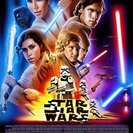 Image similar to super detailed star wars movie poster with Jesus Christ and kim kardashian, 8k full HD photo, cinematic lighting, anatomically correct, oscar award winning, action filled, correct eye placement,