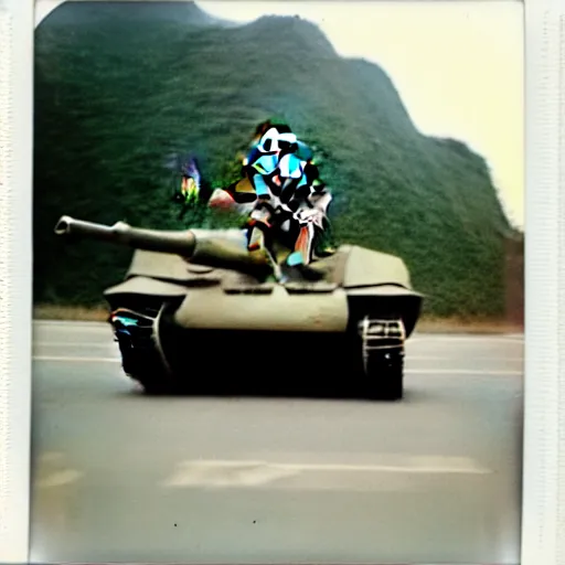 Image similar to polaroid photo of a person looking like donald trump as a soldier in vietnam, riding tank