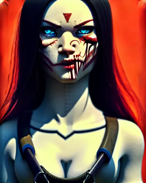 Image similar to full atomic scan face shot of a beautiful warlord girl, in tshirt with her buck knife ready, her morbid interests, irish, by saruei and guweiz and ilya kuvshinov and george miller, digital art, highly detailed, intricate, sharp focus, trending on artstation hq, deviantart, pinterest, unreal engine 5, 4 k uhd image