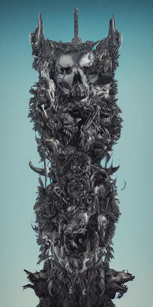 Image similar to A totem with a skull and an wolf by beeple, coherent, symmetrical, intricate, high detail, digital painting, hyper realism, octane render, 4k, trending on artstation