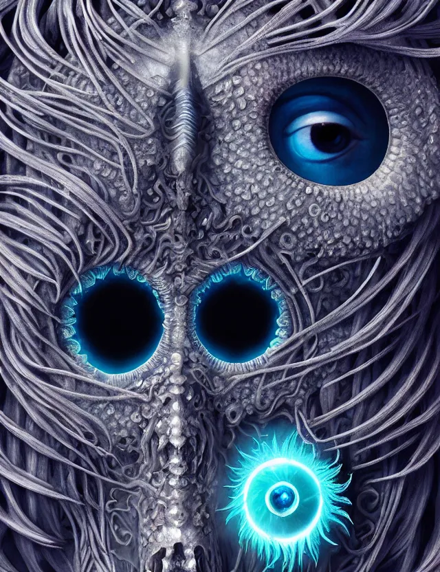 Image similar to eye of god macro close - up portrait with mask made of ram skull. betta fish, jellyfish phoenix, plasma, ice, water, wind, creature, super intricate ornaments artwork by tooth wu and wlop and beeple and greg rutkowski