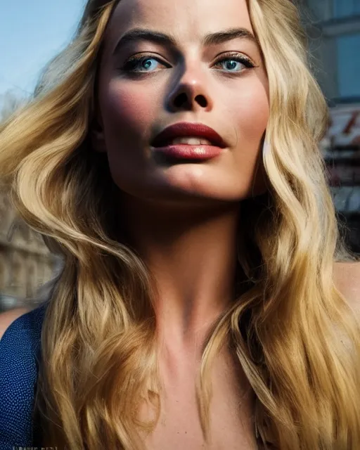 Image similar to Beautiful Head and shoulders portrait of confident flirty margot robbie with straight long blonde hair, by Zoë Mozert , alberto Vargas, arney freytag, artstation, 35mm, fashion photoshoot, posing in an urban street, fashion pose, octane, 4k