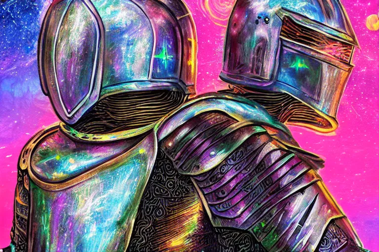 Image similar to digital art of a spiritual medieval knight wearing suit of armor looking up at the stars, acrylic art, universe, painting, pastel colors, synthwave, retro, cyberpunk,