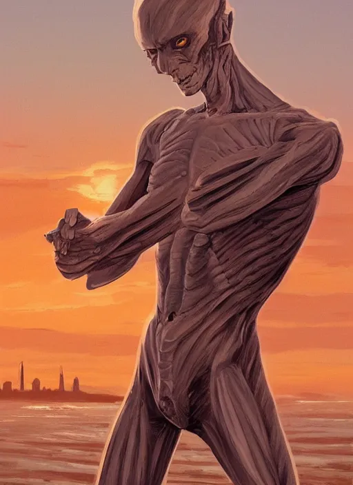 Image similar to semi reallistic gouache gesture painting, by Moebius, online artists, detailed anime 3d render of a reptilian alien on San Francisco Beach, at sunset, portrait, cgsociety, artstation, rococo mechanical, Digital reality, dieselpunk atmosphere, gesture drawn