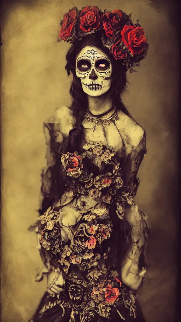 Image similar to tintype full body view, girl in dia de muertos dress and make up, horrific beautiful vibe, evocative, atmospheric lighting, painted, intricate, highly detailed,