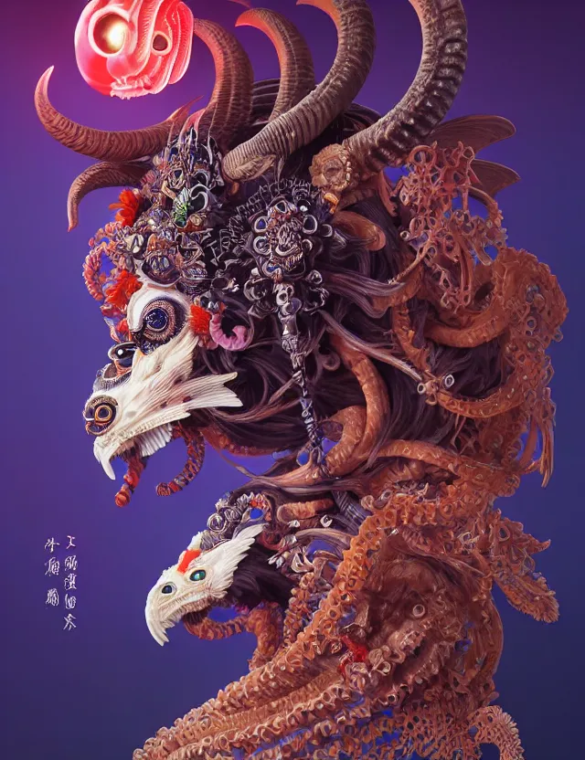 Image similar to 3 d goddess close - up profile portrait of satanic with ram skull. beautiful intricately detailed japanese crow kitsune mask and clasical japanese kimono. betta fish, jellyfish phoenix, bio luminescent, plasma, ice, water, wind, creature, artwork by tooth wu and wlop and beeple and greg rutkowski