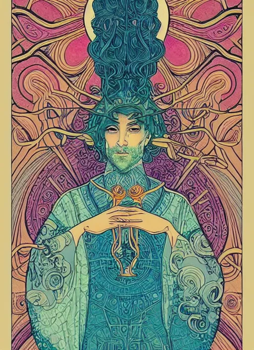 Prompt: beautiful tarot illustration of the hierophant, in the style of james jean and victo ngai, mystical colors, trending on artstation