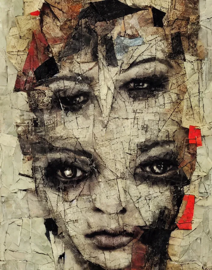 Prompt: mysterious contemptuous face detailed analogue mixed media collage with canvas texture in style of contemporary art, punk art, hyperrealistic beautiful face, photorealistic, expressionism, masterpiece, perfect composition, spectacular quality, intricate oil details, torn paper edges, glass