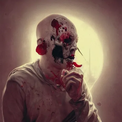 Image similar to portrait painting of a bloodied serial killer with a hello kitty mask, ultra realistic, concept art, intricate details, eerie, highly detailed, photorealistic, octane render, 8 k, unreal engine. art by artgerm and greg rutkowski and alphonse mucha