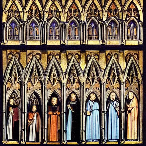 Image similar to International Gothic painting of cathedral, from late 14th century