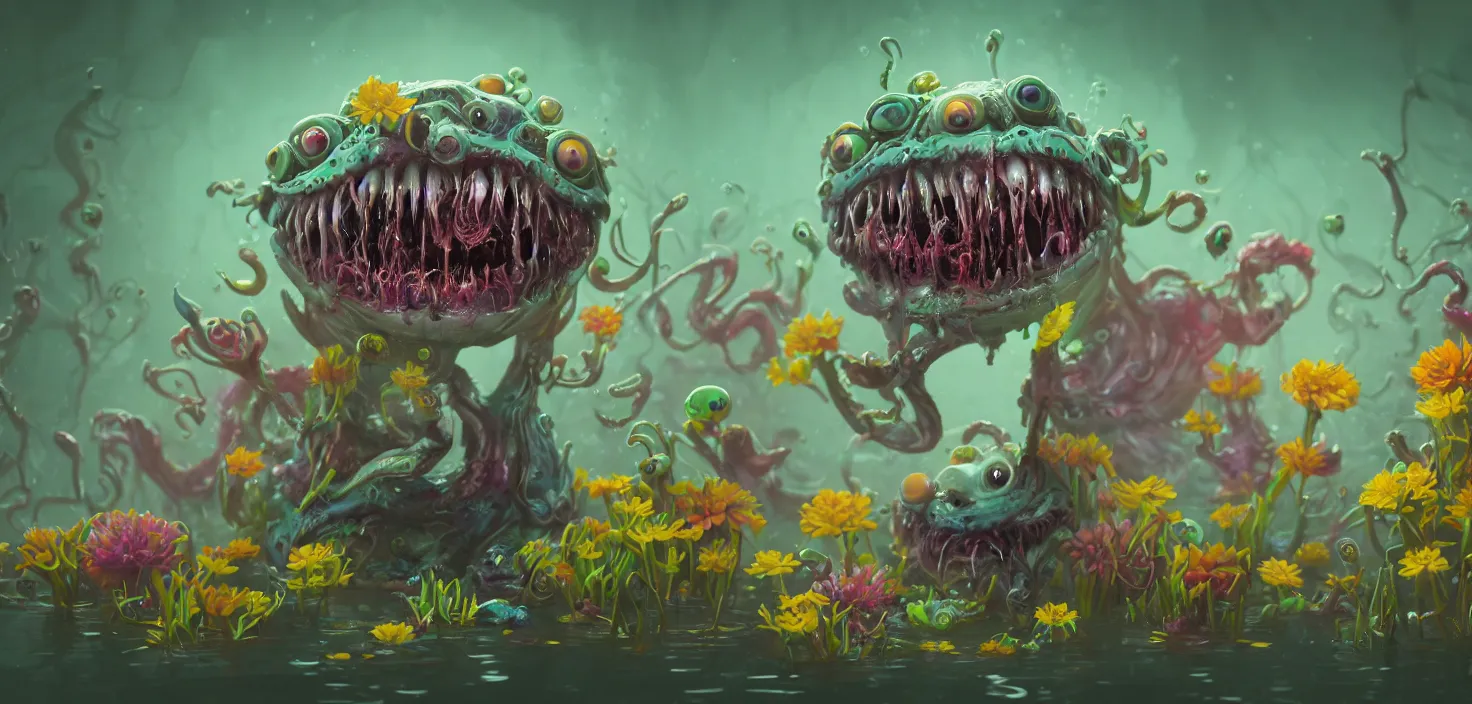 Prompt: intricate colourful murky with strange cute friendly horror crazy monsters with huge beauty eyes long tongue triangle teeth and scary face appearing from the flowers in water, in the style of craola, shallow depth of field, highly detailed, digital painting, trending artstation, concept art, illustration, cinematic lighting, vibrant colors, photorealism, epic, octane render