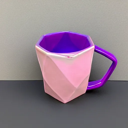 Prompt: dodecahedron ceramic mug with pink and purple pearlescent glaze