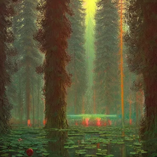 Image similar to A magical forest by Simon Stålenhag and Claude Monet, masterpiece