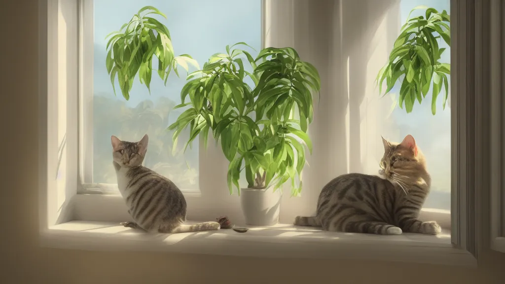 Image similar to beautiful peaceful dreamy painting of a content tabby cat sitting by a window and looking outside, sunshine coming through the window, small plants on the window sill, 8k, hyper realism, trending on artstation, octane render