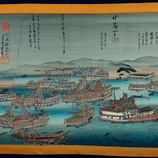 Image similar to a hanging scroll painting of a panorama of a tuna fishing port, by Ma Lin, ink and color on silk, detailed, landscape