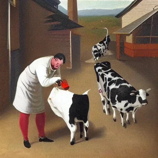 Prompt: butcher giving milk to a cat, while being watched by a cow