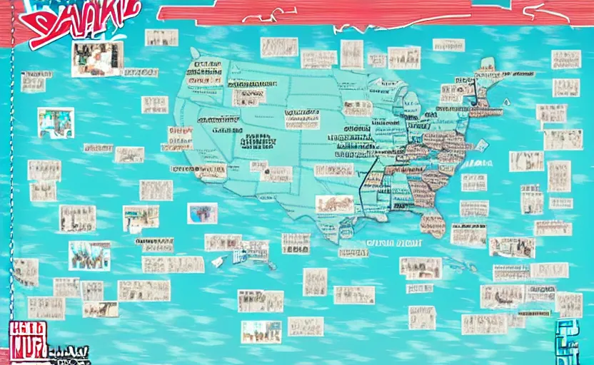 Image similar to hatsune miku across america map, map key, tourist map, brochure