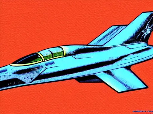 Prompt: a scifi illustration of a fururistic fighter jet. flat colors, limited palette in FANTASTIC PLANET La planète sauvage animation by René Laloux