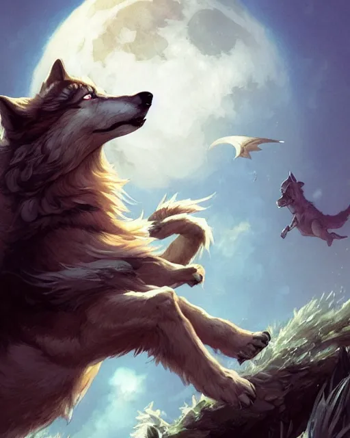 Prompt: '' Illustration of a wolf running through the sky following the moon, league of legends, LOL, fantasy, d&d, digital painting, artstation, concept art, sharp focus, illustration, art by greg rutkowski and alphonse mucha ''