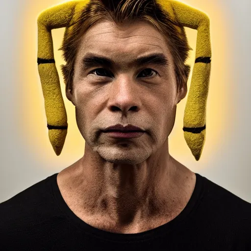 Image similar to portrait of pikachu - human hybrid, head and shoulders shot, by annie leibovitz, portrait of a man, studio lighting