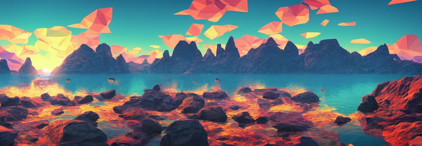 Image similar to super detailed color lowpoly art, northern sunset with rocks on front, lake in the middle of perspective and mountains at background, graphic reindeers in random points, unreal engine, retrowave color palette, 3d render, lowpoly, colorful, digital art