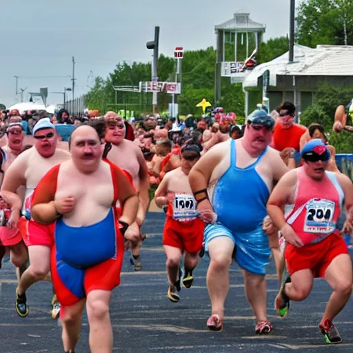 Prompt: an action photo of the annual mini fat man race. many little fat men in swimsuits are having an extreme running race. they are hot, red and sweating profusely.