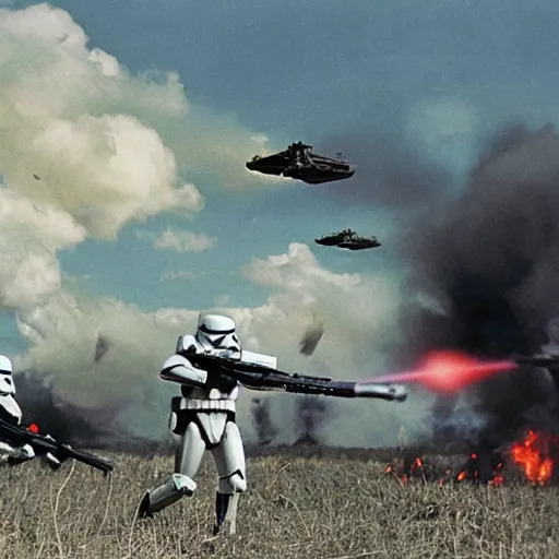 Prompt: star wars clone troopers combat soldiers in vietnam, photo, old picture, lush landscape, field, firearms, explosions, x wings, aerial combat, active battle zone, flamethrower, air support, jedi, land mines, gunfire, violent, star destroyers, star wars lasers, sci - fi, jetpacks, agent orange, bomber planes, smoke, trench warfare