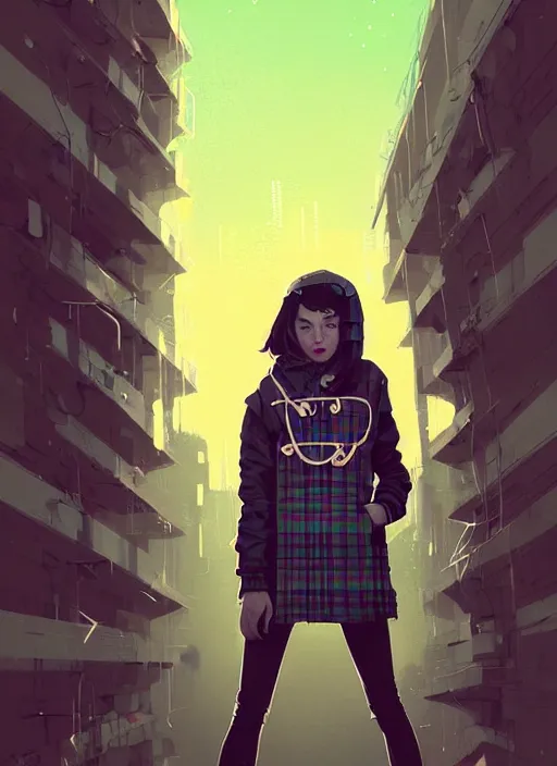 Image similar to highly detailed portrait of a cloudpunk young seattle lady, tartan hoody, by atey ghailan, by greg rutkowski, by greg tocchini, by james gilleard, by joe fenton, by kaethe butcher, gradient green, brown, blonde crea, orange, brown and white color scheme, grunge aesthetic!!! ( ( graffiti tag wall background ) )