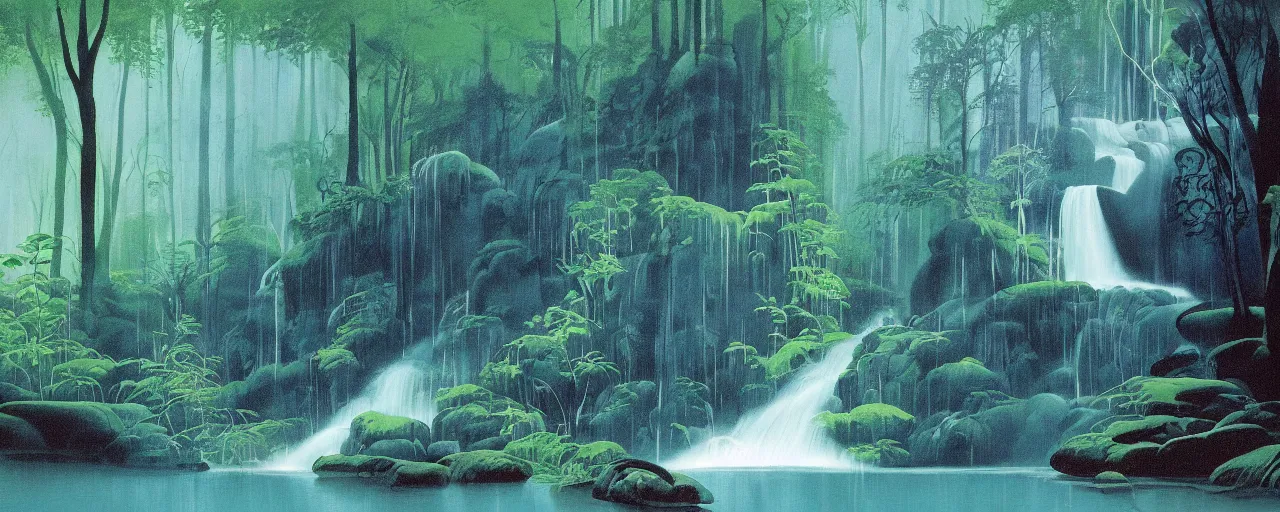 Image similar to deep forest, rainbow river waterfall, light shimmering, water mists, subtle color variantions, summer rain, gentle mists, a white robed benevolent magician clothed in a royal garment in contemplation and meditation casts a benevolent white magic spell, by Eyvind Earle and Mary Blair