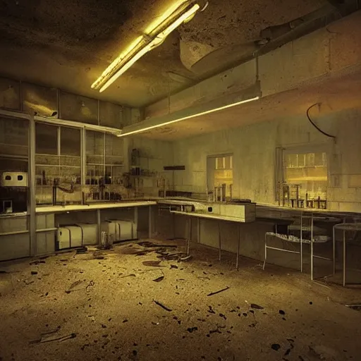 Prompt: “derelict laboratory , neon lighting , broken lights, a body on the floor, muted tones, volumetric lighting, photorealism, high detail, golden ratio, cinematic, octane renderer”