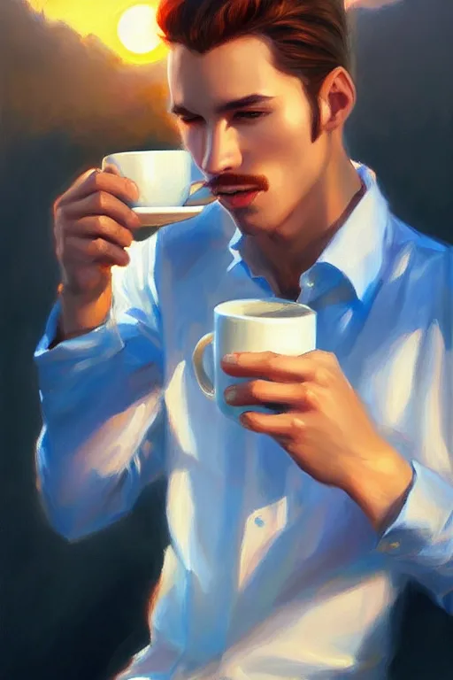 Image similar to attractive man drinking coffee, sunset, painting by vladimir volegov, ross tran, tom of finland, trending on artstation