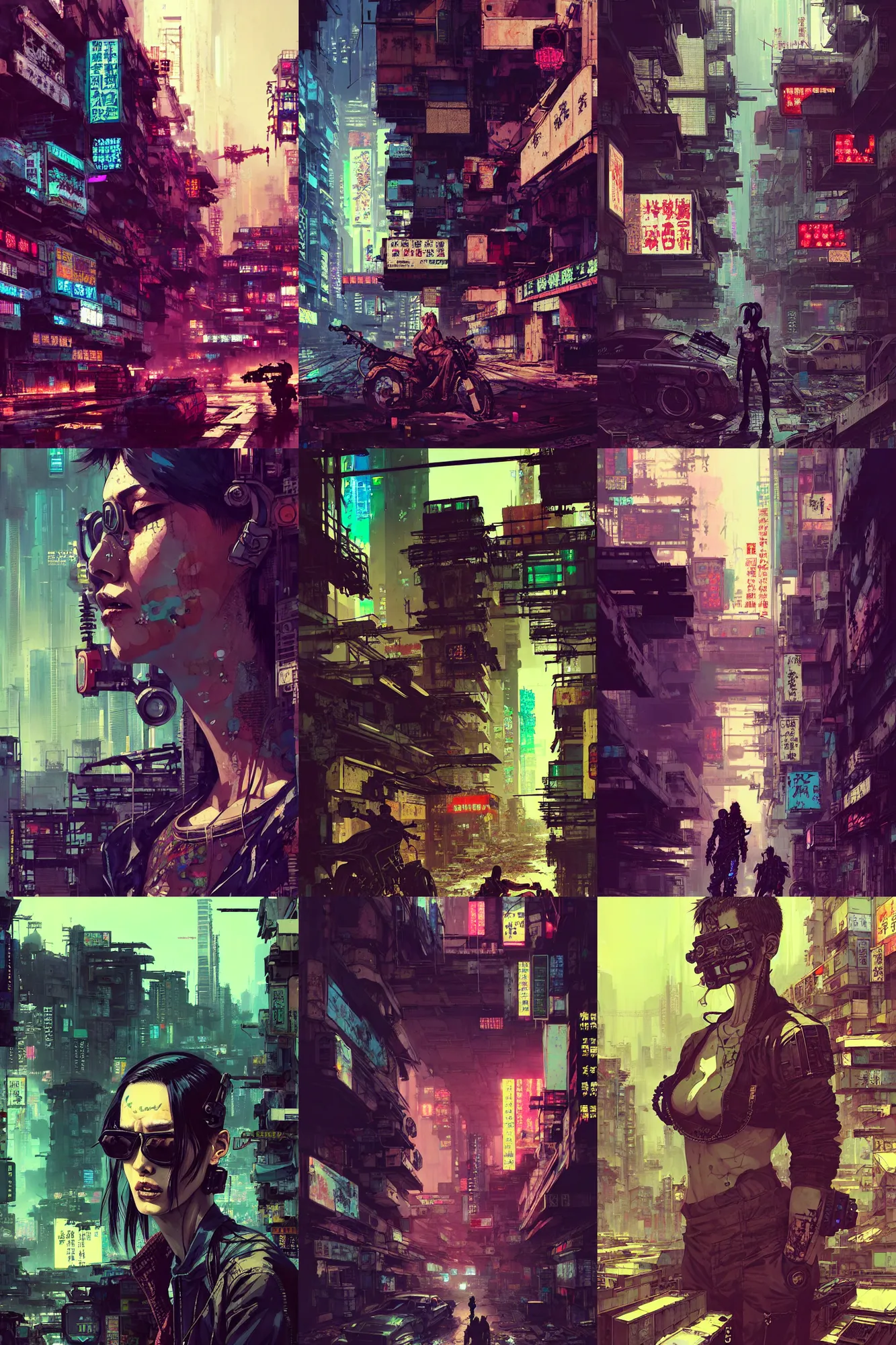 Prompt: hyper - realistic cyberpunk portrait of abandoned kowloon, lots of signs, extreme detail, gorgeous, beautiful, in style of yoji shinkawa, pan ren wei, col price, atey ghailan, by greg rutkowski, by greg tocchini, by james gilleard, by joe fenton, by kaethe butcher, grunge aesthetic