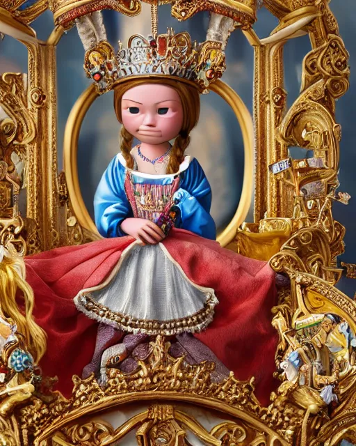 Prompt: highly detailed closeup, face profile portrait of a tin toy greta thunberg as queen victoria wearing a crown and sitting on a throne, bikini, depth of field, nicoletta ceccoli, mark ryden, lostfish, max fleischer, breathtaking, detailed and intricate environment, 8 k resolution, hyperrealistic, octane render