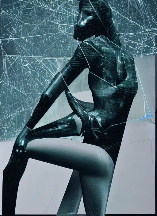 Image similar to futuristic lasers tracing, data visualization, laserpunk fullbodysuit,, pyramid visor, raindrops, wet, oiled, beautiful cyborg girl pinup, by steven meisel, kaws, rolf armstrong, cubist perfect geometry abstract acrylic, hyperrealism photorealistic airbrush collage painting, monochrome, neon fluorescent colors, minimalist rule of thirds, eighties eros
