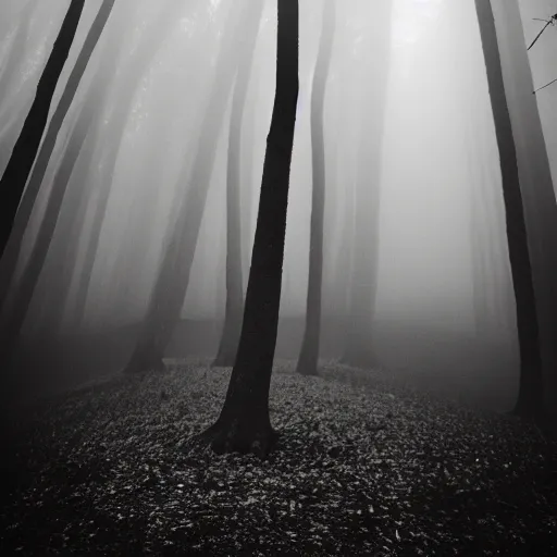 Prompt: deep misty forest with big black fluffy demon behind the tree, monochrome lomography