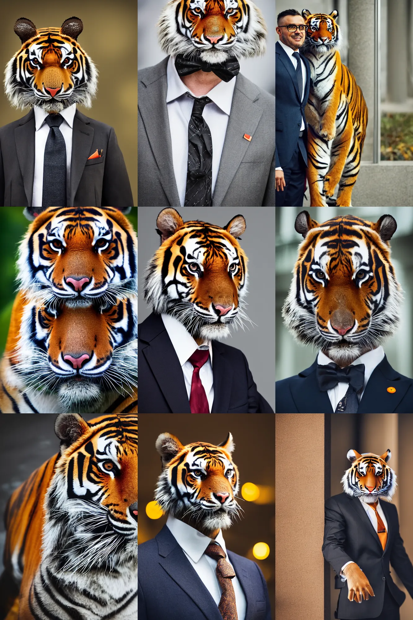 Image similar to high quality portrait photo of an industrialist tiger dressed in a dark business suit and tie, Anthropomorphic, photography 4k, f1.8 bokeh, 4k, 85mm lens, sharp eyes